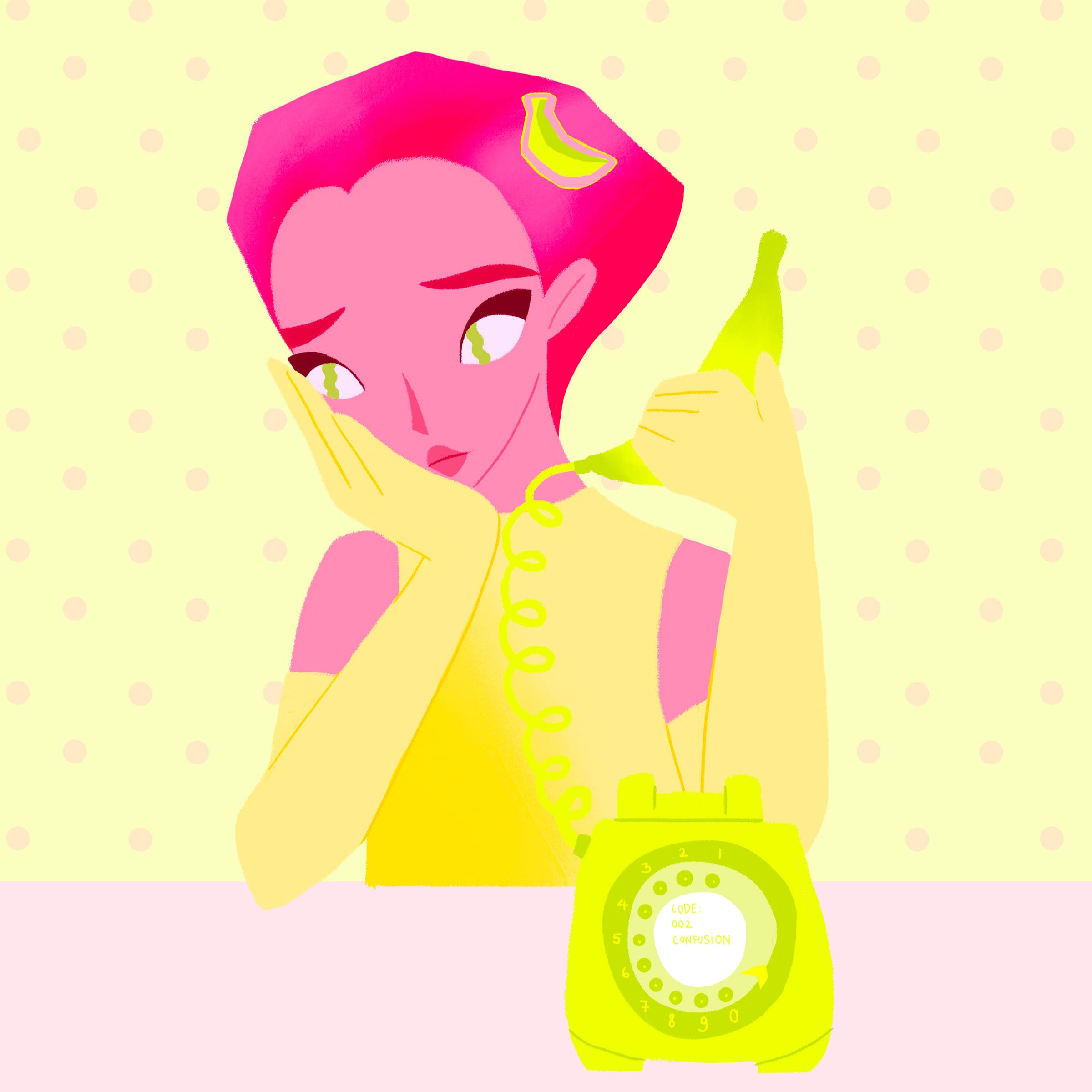 A pink-skinned figure with magenta hair rests their chin on one hand and holds a banana to their ear like a telephone receiver, beside a lime-green rotary phone on a polka-dot ground.