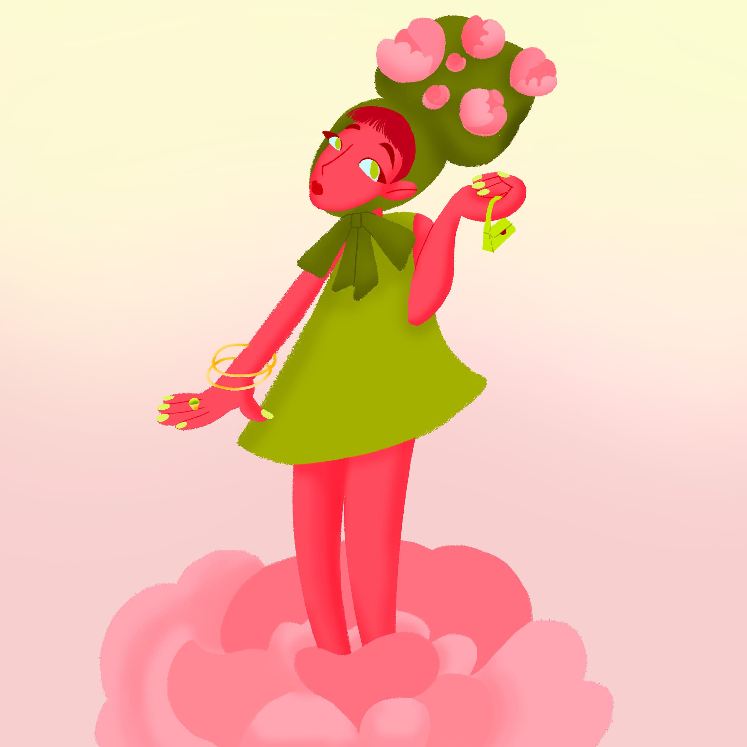 A red-skinned figure in an olive-green dress stands on a billowing pink cloud, holding a small green pendant up to the light.