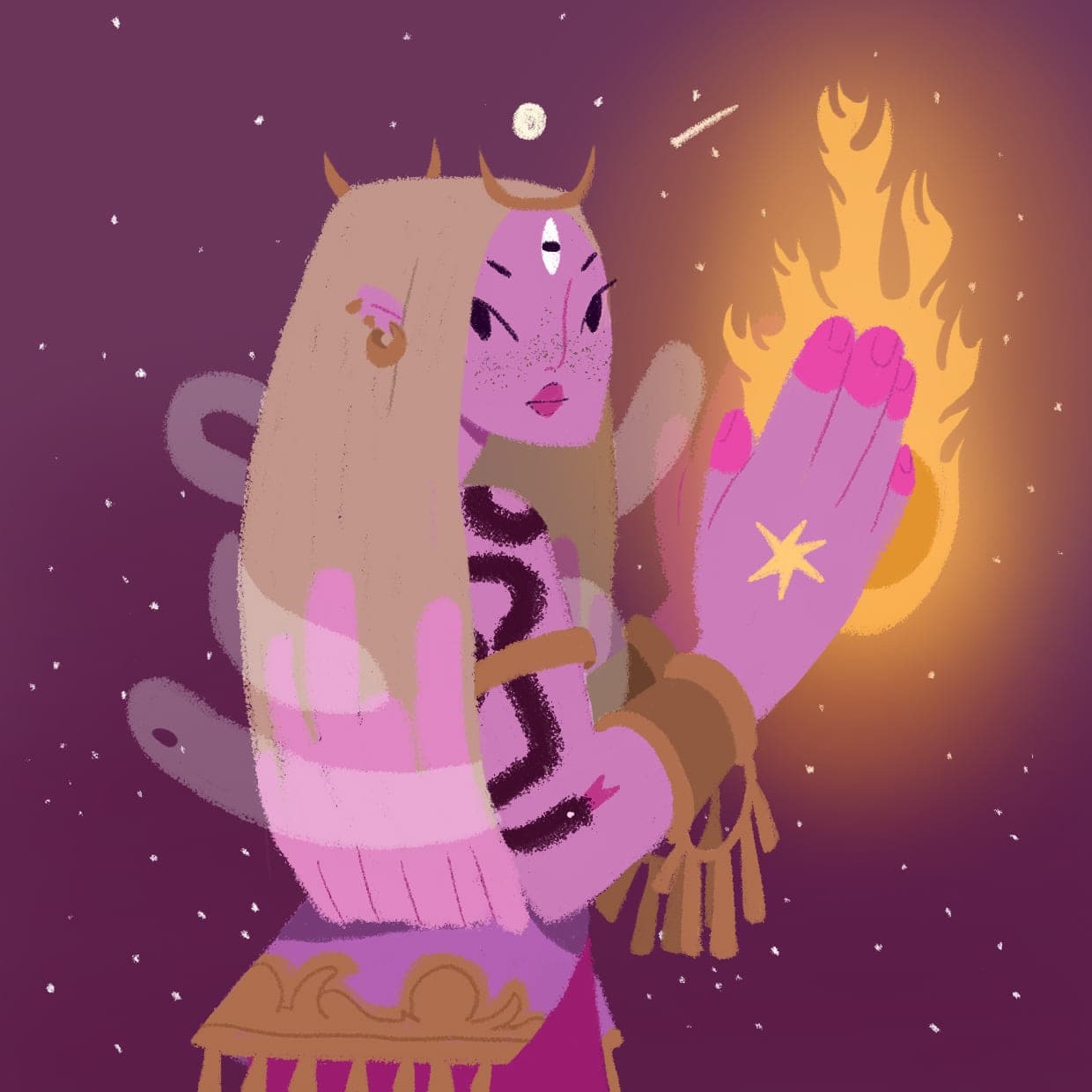 A horned figure with long pale hair and a third eye on the forehead holds up a hand wreathed in flame against a deep purple, star-flecked sky.