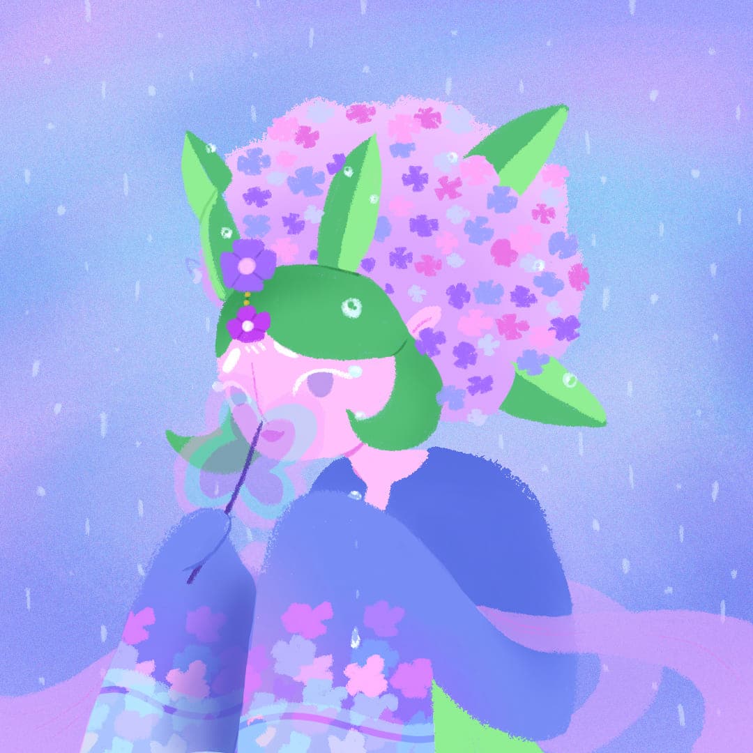 A figure with green hair crowned in a mass of pink and lilac hydrangea blossoms holds a butterfly, surrounded by falling rain in a pale violet wash.