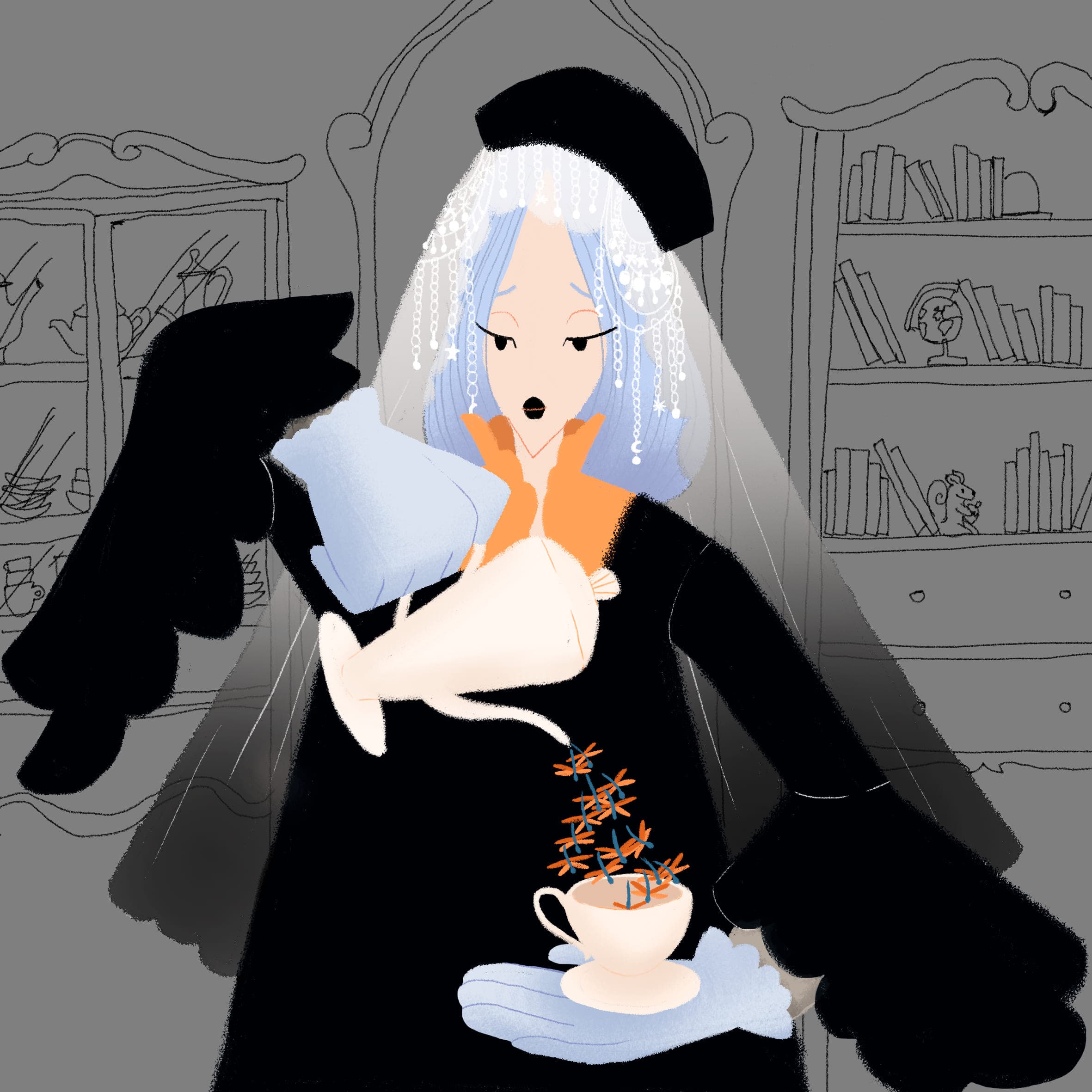 A figure in a black dress and beaded veil pours from a white teapot, orange dragonflies streaming from the spout into a teacup, against a grey room of sketched cabinets and bookshelves.