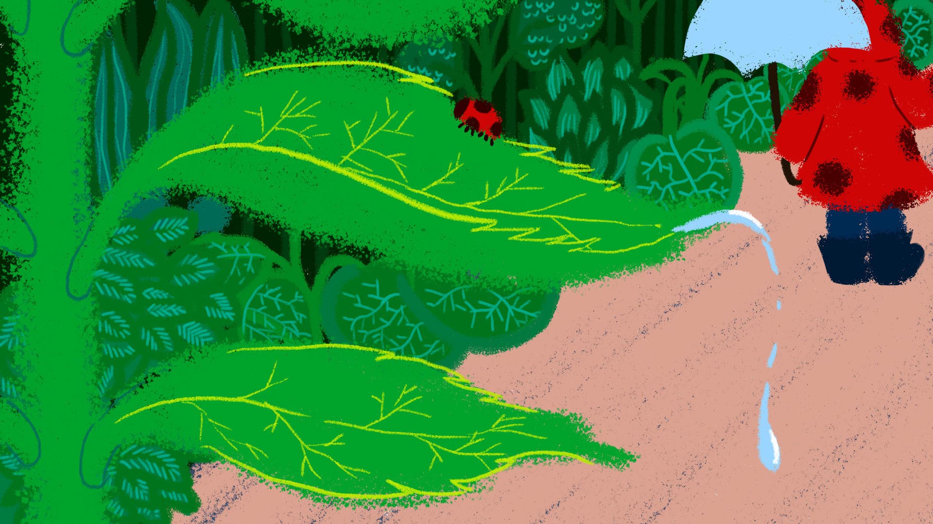Broad green leaves in the foreground channel a stream of rainwater onto a path, while a figure in a red raincoat walks away under a pale umbrella.