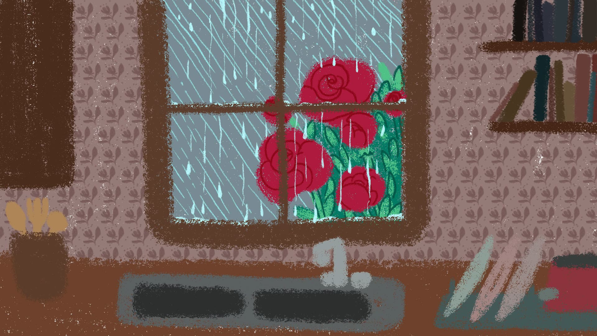 Seen from inside a dim room with patterned wallpaper, rain falls past a window where deep red roses press against the glass.