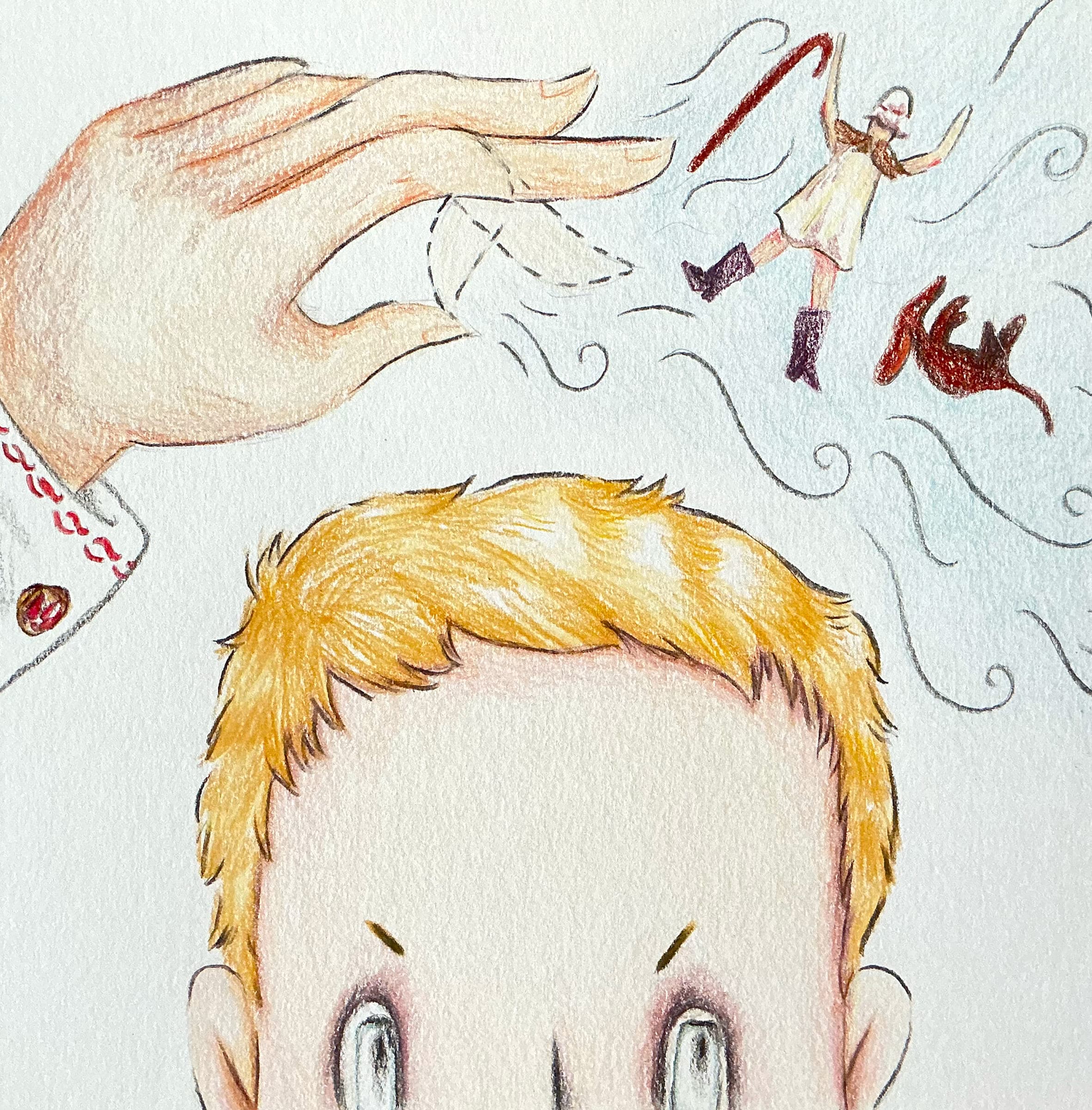 A large hand reaches over a red-haired boy's head while a tiny woman in a white dress and a red fox tumble through pencilled swirls of wind above him.