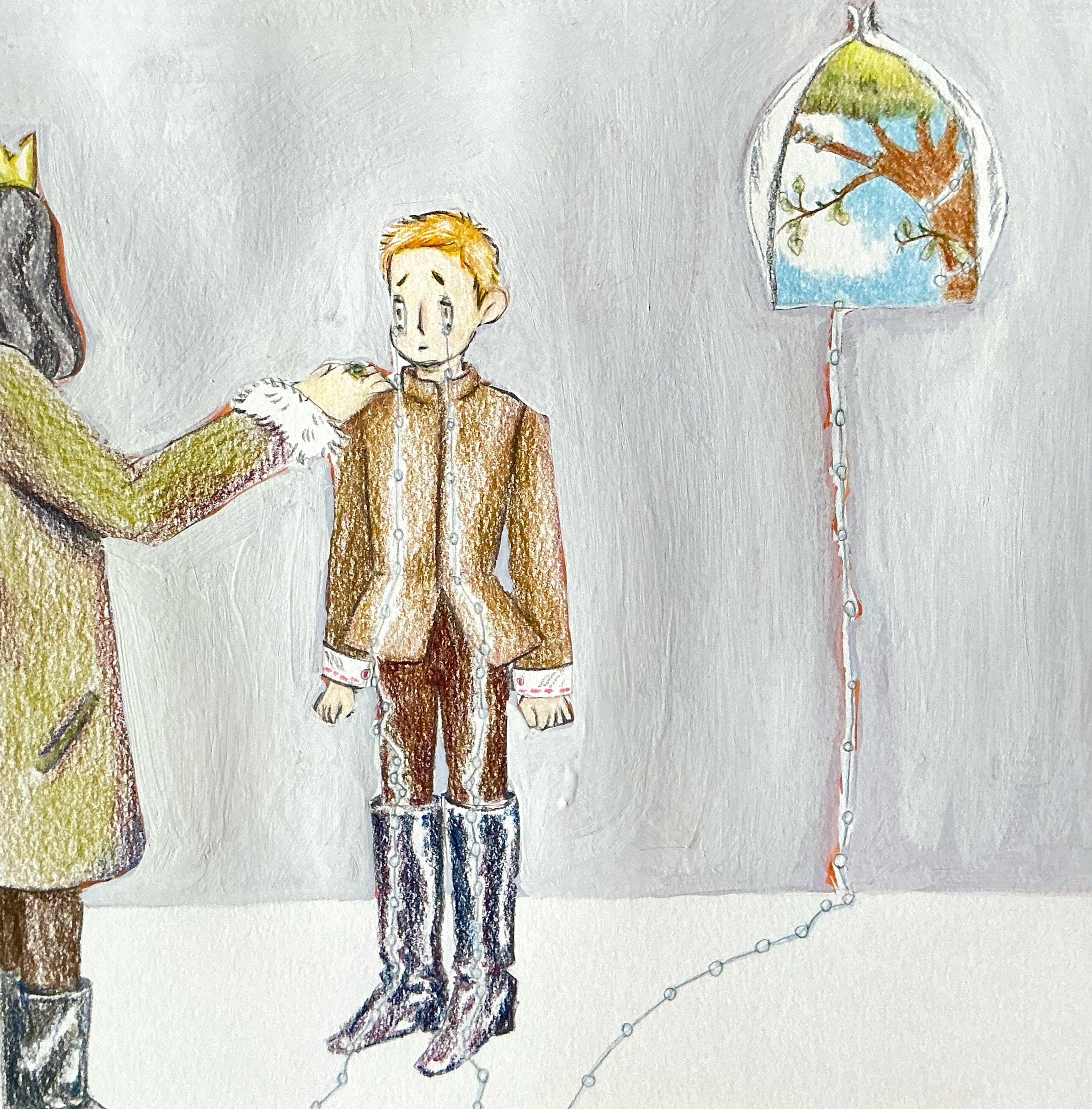 A crowned figure in a green robe rests a hand on the shoulder of a red-haired boy in a brown coat and tall boots, a small lit lantern hanging on a chain beside them.