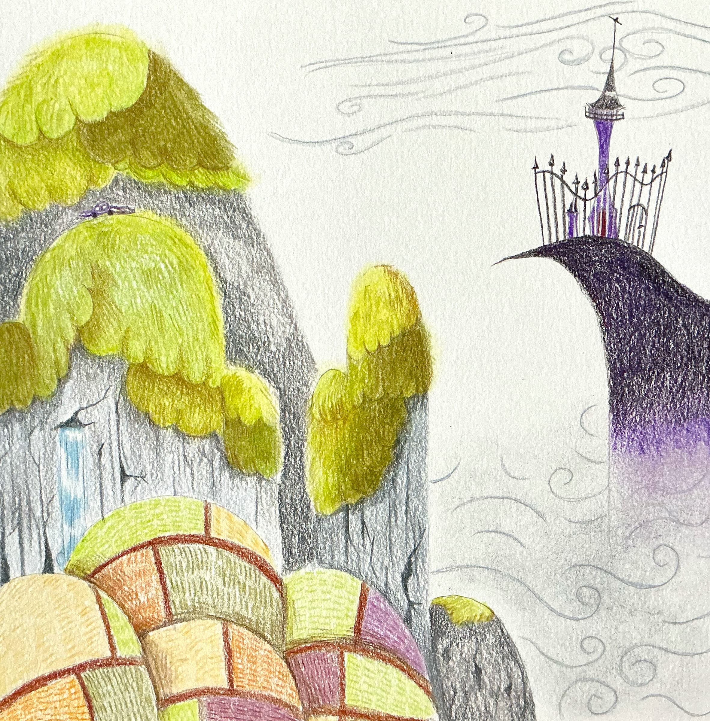 A misty landscape of grey cliffs topped with yellow-green foliage, a patchwork hill in the foreground and a dark castle spire rising through the fog.